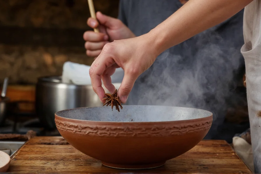 Vietnamese chef toasting star anise in traditional clay pot for pho broth preparation