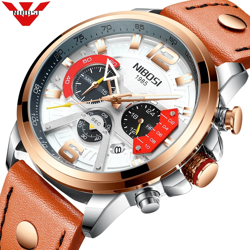 NIBOSI Mens Watches Top Brand Luxury Quartz Watch Men Sports Military Army Blue Wrist Watch Leather band 2373