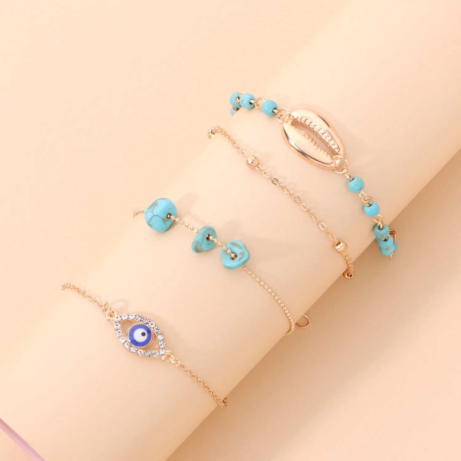 

Trendy Nature Stone Turquoise Rhinestone Eye Charm Bracelet Set For Girls Women