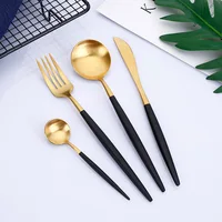 

Dropshipping wedding spoon fork knife matte silverware reusable bulk flatware set 304 stainless steel black gold cutlery