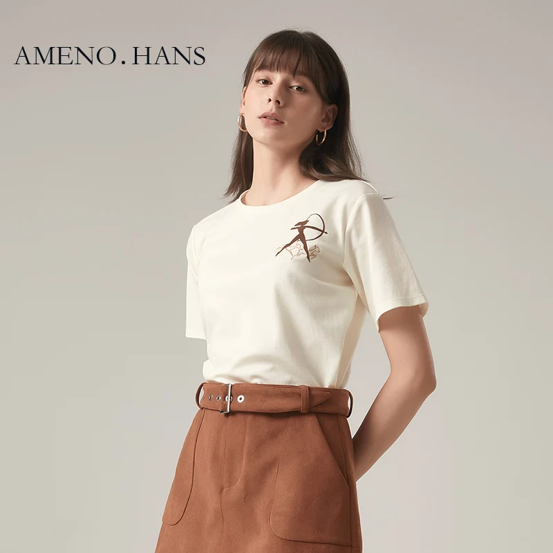 

printed cotton t shirt flocking T-shirt women custom O neck girl soft ventilate top, Cream-coloured