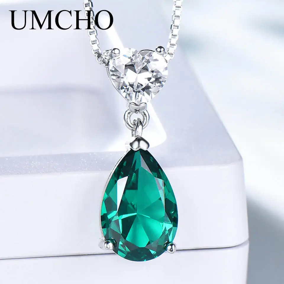 

Fine Jewelry 925 Sterling Silver Pendant Necklace with Emerald Gemstone Platinum Plated Necklaces for Women's Engagement