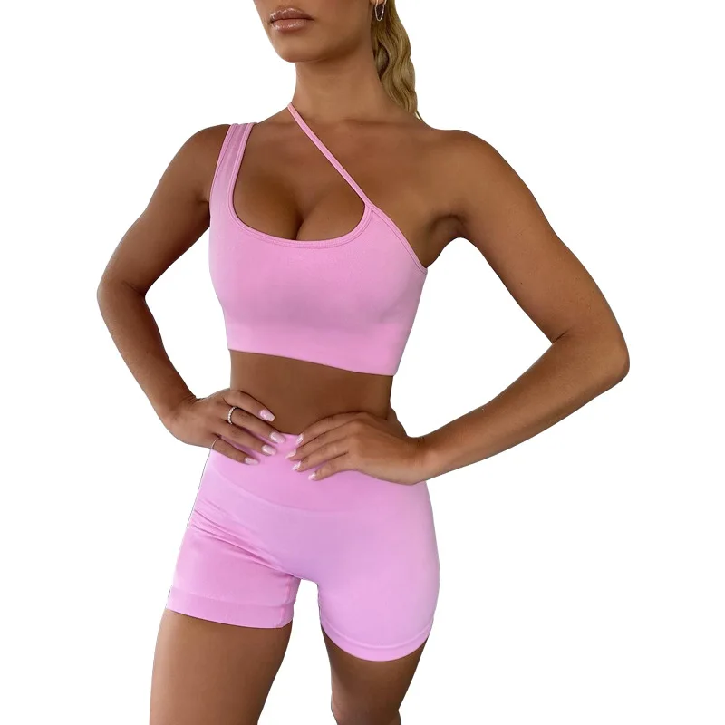 

QYBX-5241 Nightclub Asymmetrical Vest Solid Color Sexy Yoga Sports Two-Piece Suit, 4 colors