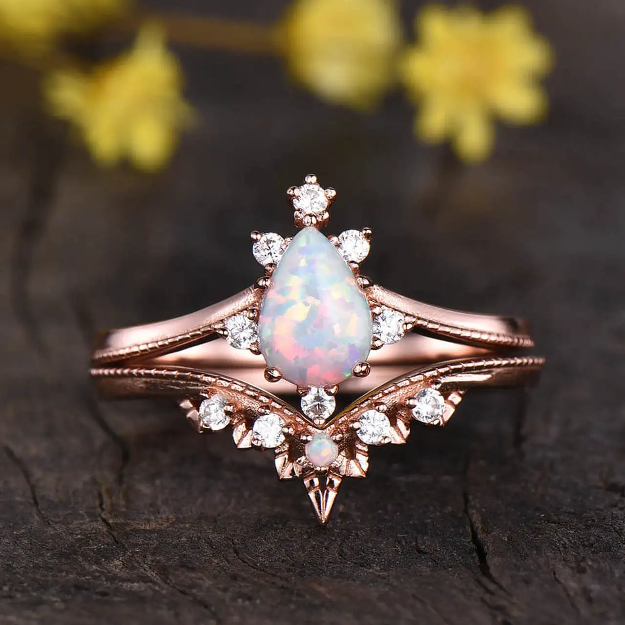 

925 Sterling Silver Ring Set Pear Cut 5x8mm Natural White Opal Ring Sets Engagement Wedding Ring For Women Gift
