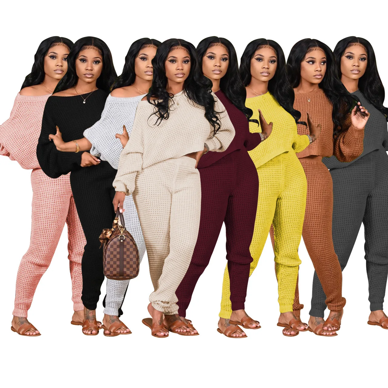 

Fashion HOBISH Ladies Knitted Solid Color Crop Top Set Sweater Pant Set Woman