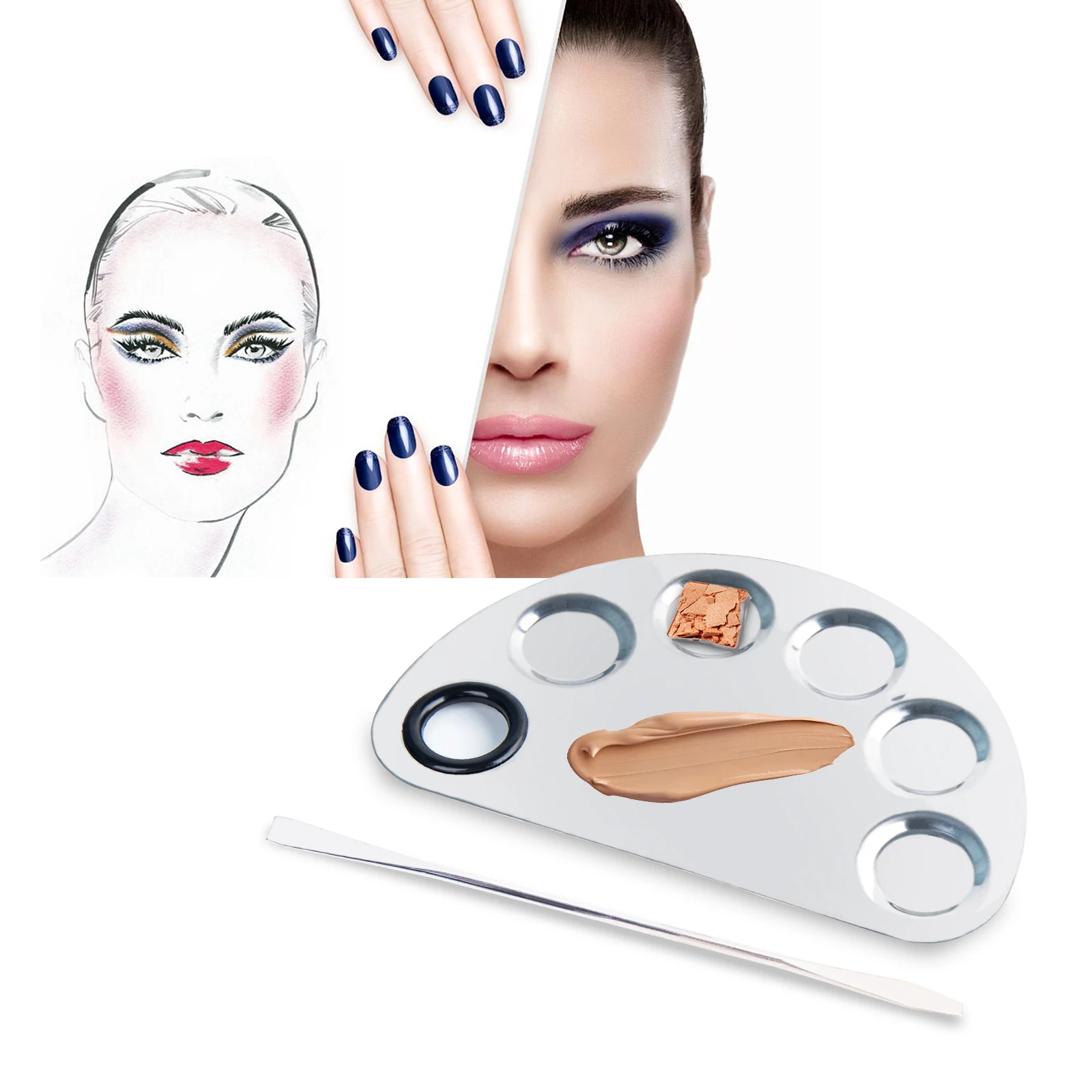 

Stainless Steel Makeup Palette Mixing Palette With Spatula For Eye Shadow/nail/ Polish Color Mixing Plate, As picture