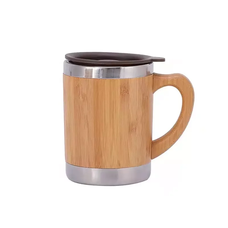 

Eco-friendly Reusable 350ml Travel Double Wall Stainless Steel Beer Tea Cups Handle Lid Bamboo Coffee Mugs for Drinking