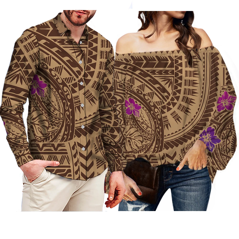 

Luxury Polynesian Tribal Print couple shirt for love Long Sleeve plus size men's shirt And Women One Shoulder Chiffon Shirt, Customized color