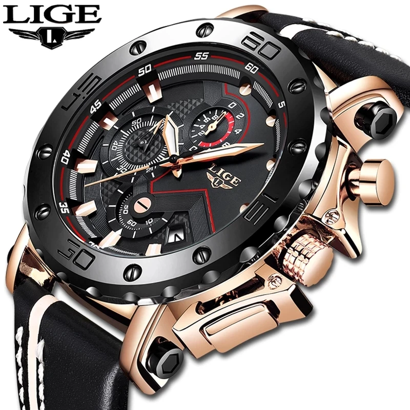 

Lige 9899 Brand Name Wristwatch Chronograph Waterproof Luxury Reloj Quartz Watches Leather Strap Watches Men