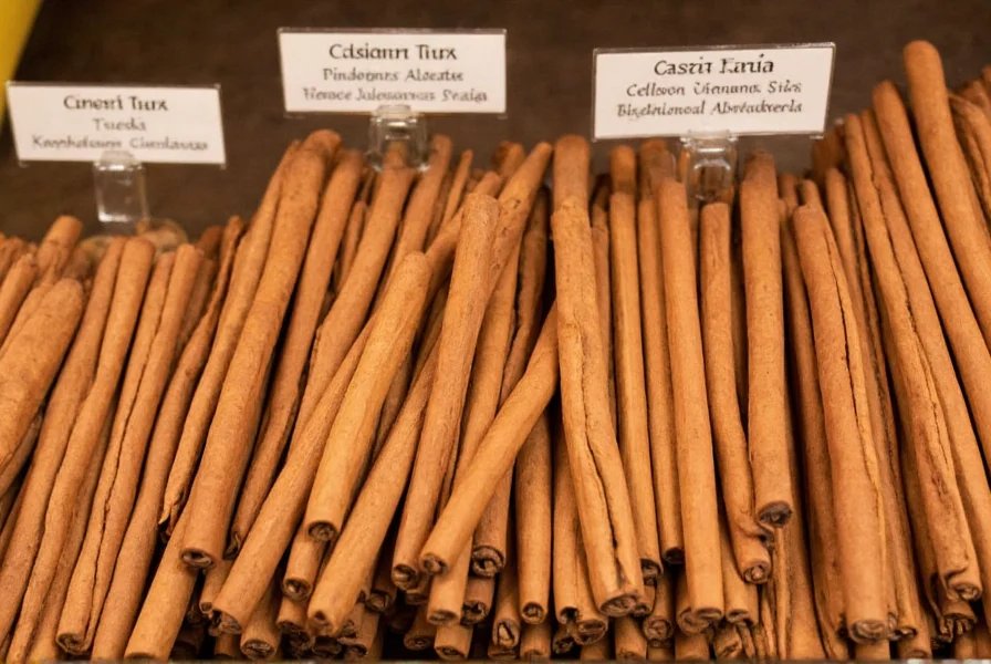 Cinnamon sticks arranged in a spice rack with labels identifying Ceylon and Cassia varieties for culinary use