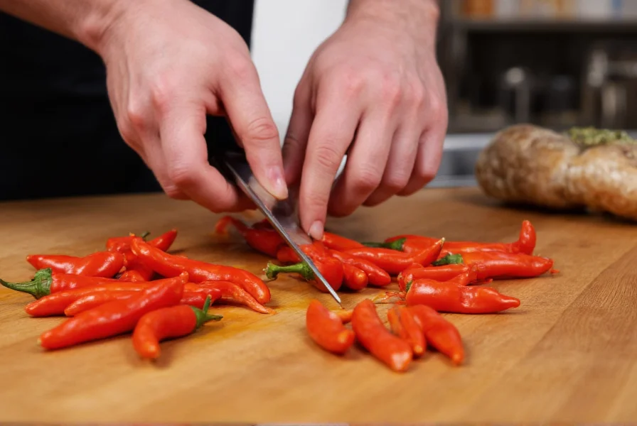 Chef's hands carefully slicing fresh red chili peppers on wooden cutting board