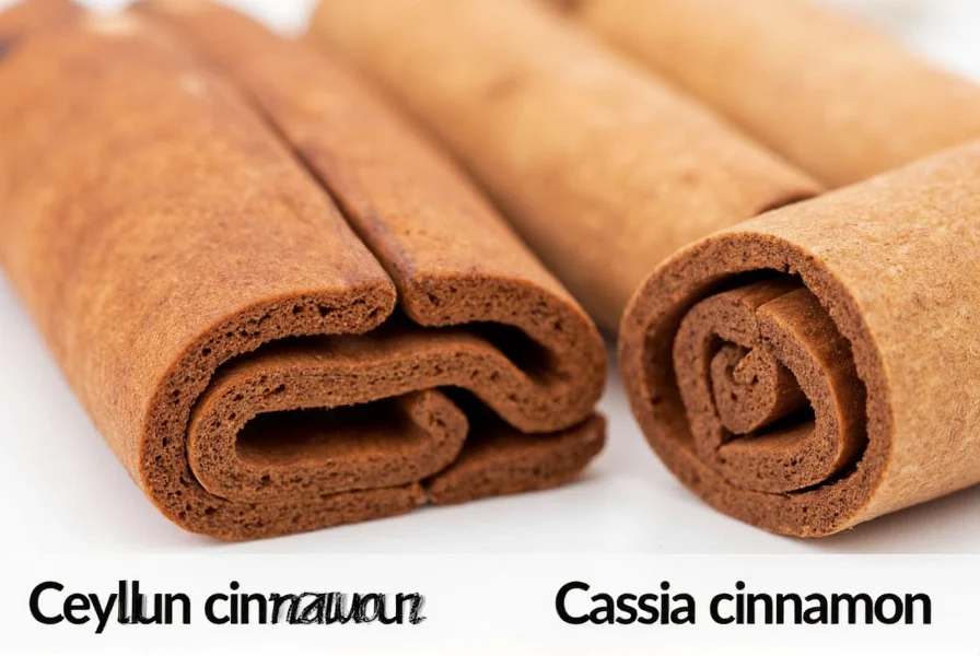 Close-up comparison of Ceylon cinnamon sticks versus Cassia cinnamon showing the layered structure of Ceylon and single thick roll of Cassia