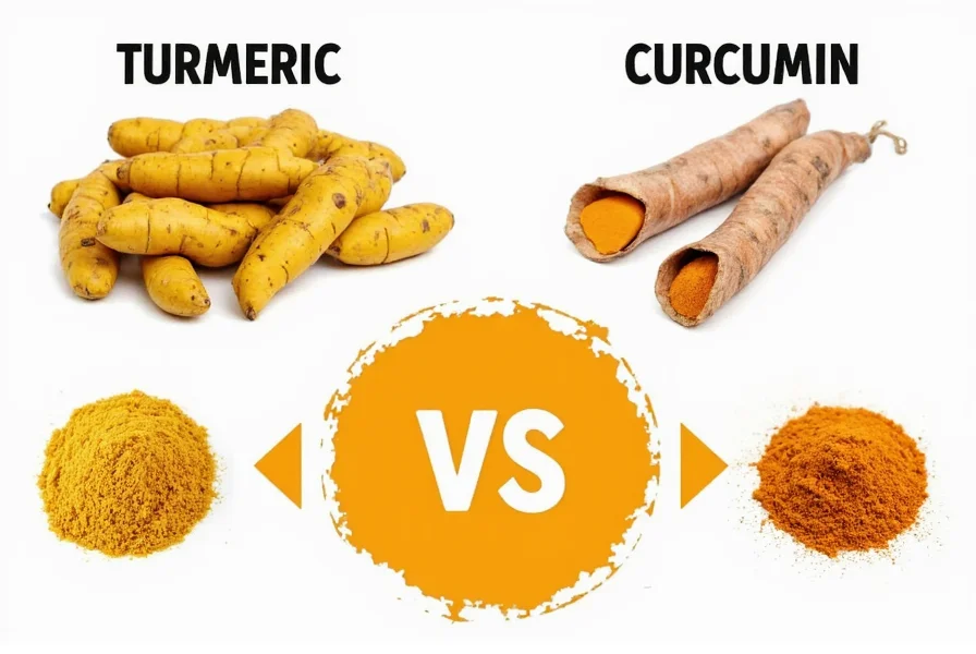 Scientific illustration comparing turmeric root composition to isolated curcumin molecules