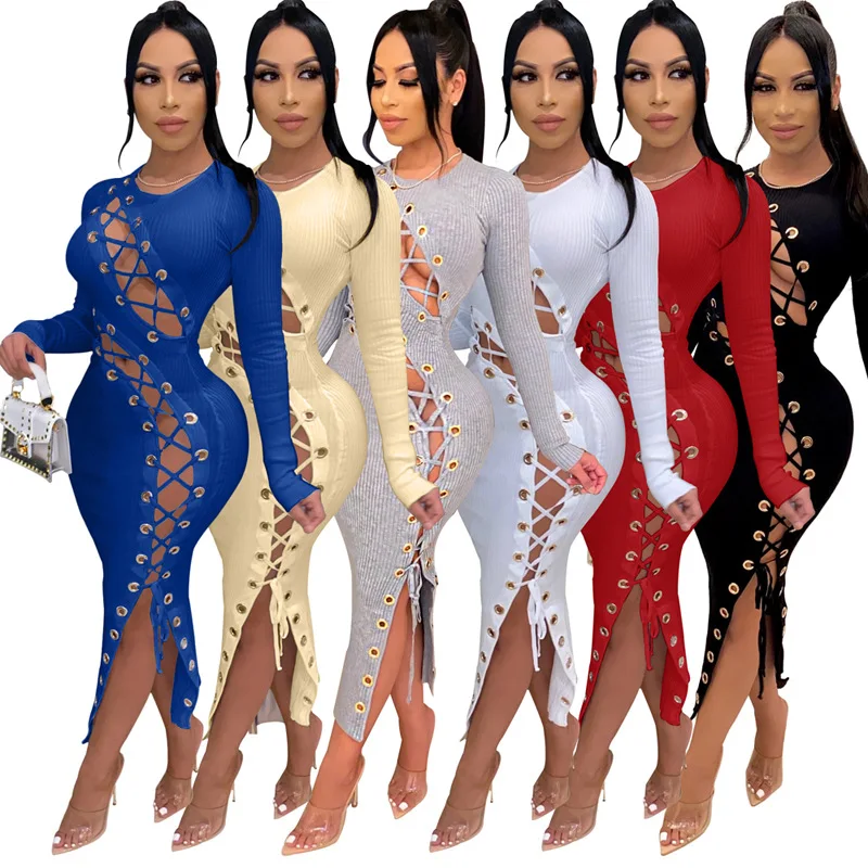 

Stylish Long Sleeve Hollow Out Knit Dress Fall Sexy High Stretch Club Ribbed Bandage Maxi Dress Ladies, Picture color