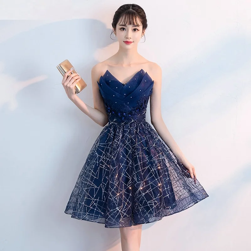 Short Evening Dress Navy Blue Sequins Pleat V-neck Formal Evening Party Dress