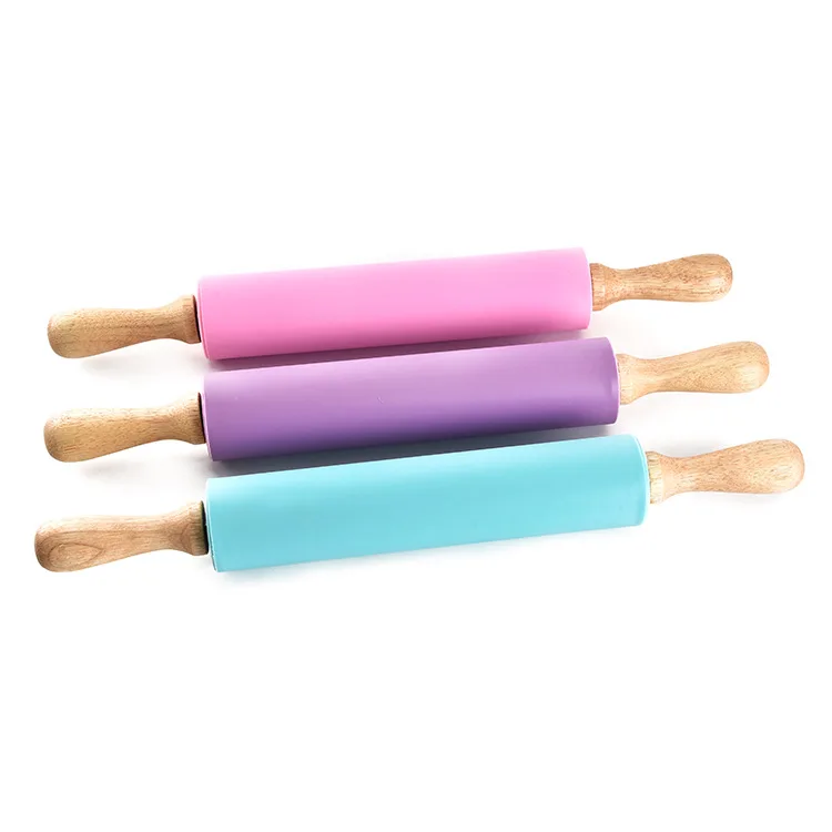 

Factory wholesale 42 cm silicone rolling pin with wooden handle kitchen wooden rolling pin baking tool, Customized