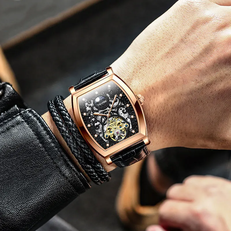 

Automatic Men Tourbillon Watches Business Leather Strap Fashion Skeleton Mechanical Watch For Men, Optional