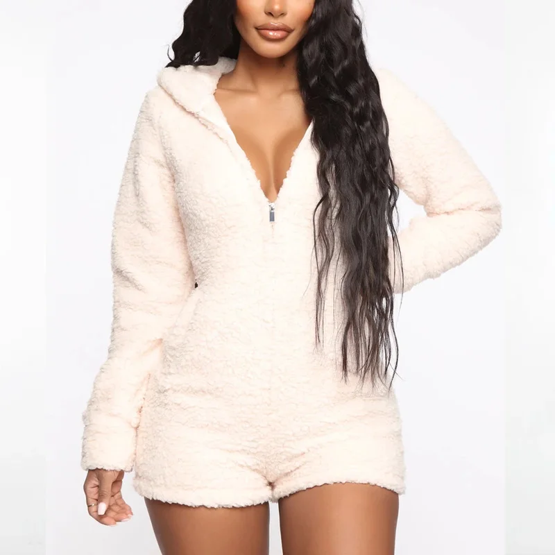 

MGOO RTS Flannel Rabbit Hoodie Romper Plush Winter Jumpsuit Cute Lounge Wear