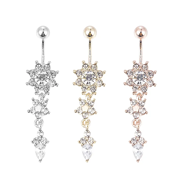 

2020 Fashion Perfect Dangle Belly Button Gold Belly Piercing Crystal Flower Body Jewelry Navel Piercing Rings for Women