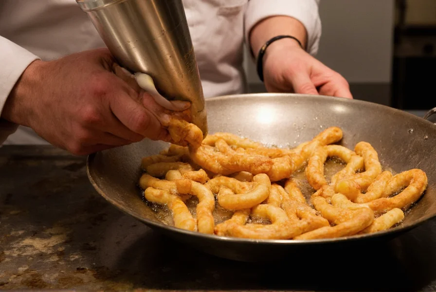 Professional chef piping choux pastry for cinnamon churros into hot oil with perfect golden color