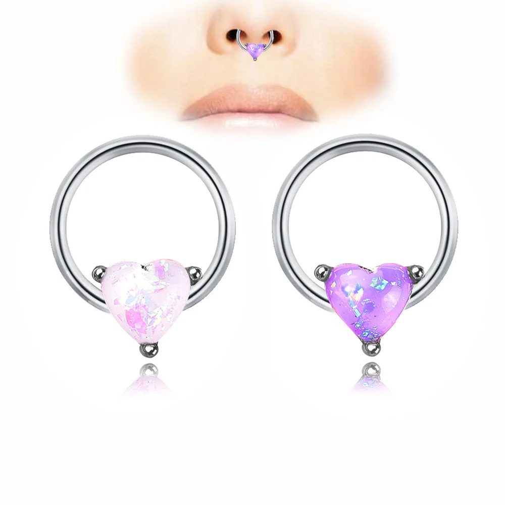 

wholesale anti-allergy piercing jewelry stainless steel heart opal gemstones Nose Rings for women