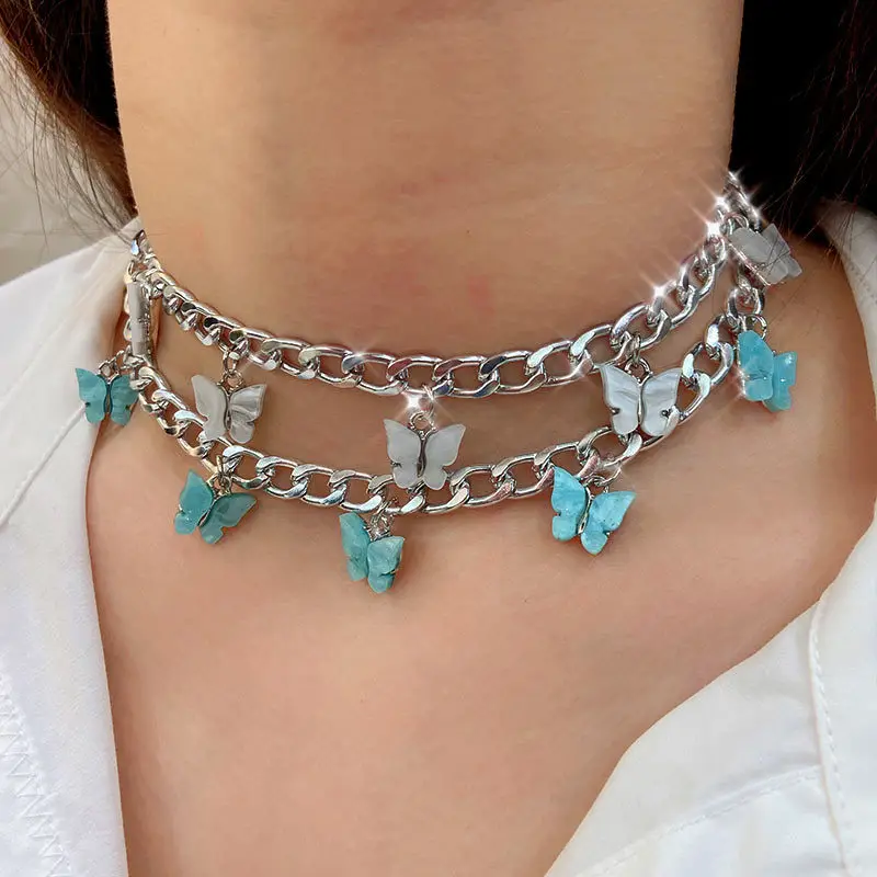 

Fashion trendy link chain acrylic colorful butterfly necklace choker, As pic