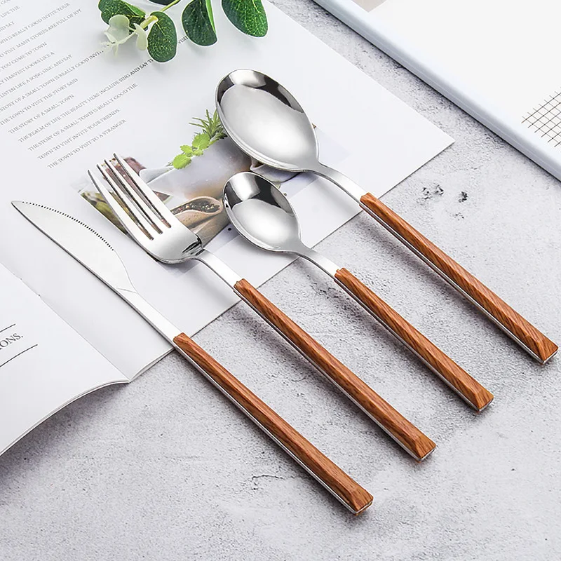 

High Quality Wood Grain ABS Plastic Handle Sterling Silverware Reusable Cutlery Set, Sliver