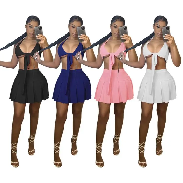 

MOEN New Arrival 2021 Sexy Solid Color Sleeveless Bandage Crop T Shirt Pleated Dress Woman 2 Piece Skirt Set