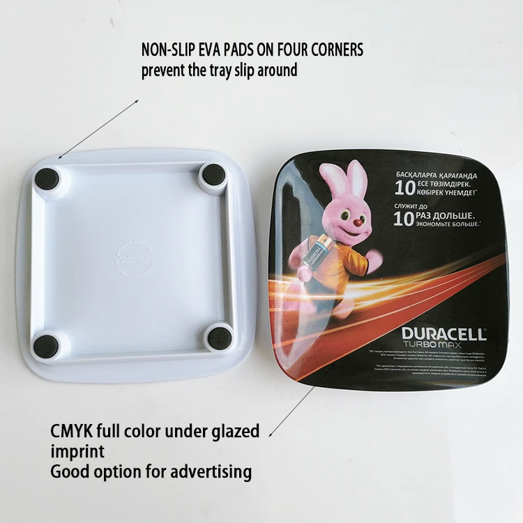 
180x180 150 x 150 mm custom print square advertising melamine plastic cash tray with non-slip feet 