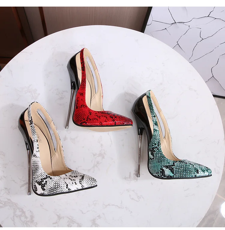 

Hot ! Serpentine Pattern Shoes Women's 16cm Heels 2021 Metal Stiletto High Heels Sexy Snake Print Female Shoes 46 WZ Pumps