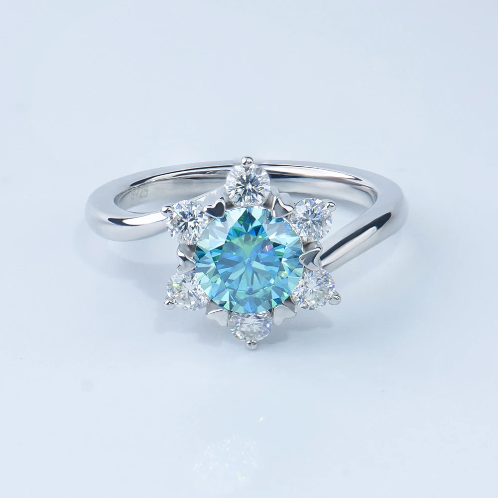 Customized Jewelry  925 Sterling Silver Fine Jewelry Snowflake Style Ocean Blue Round Brilliant Cut Moissanite Diamond
