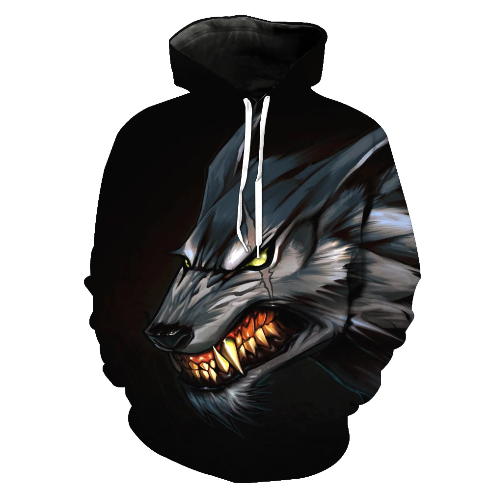 

Unique Wolf Printed Hot Sale Men Pullover Long Sleeve Drawstring Streetwear Hoodie Sweatshirt