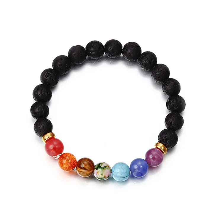 

European and American natural volcanic stone bracelet colorful seven chakra energy yoga beads beaded bracelets wholesale jewelry, Picture shows