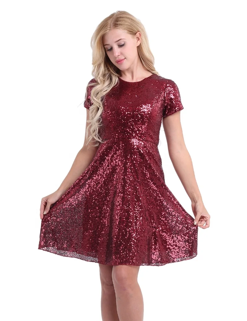 

Women Ladies Round Neckline Short Sleeve Shiny Sequins Cocktail Evening Party Bridesmaid Dress