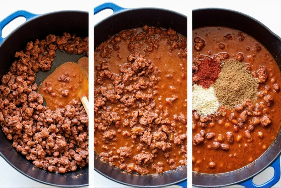 Step-by-step preparation of classic beef chili with ground meat, beans, and spices in a cast iron pot