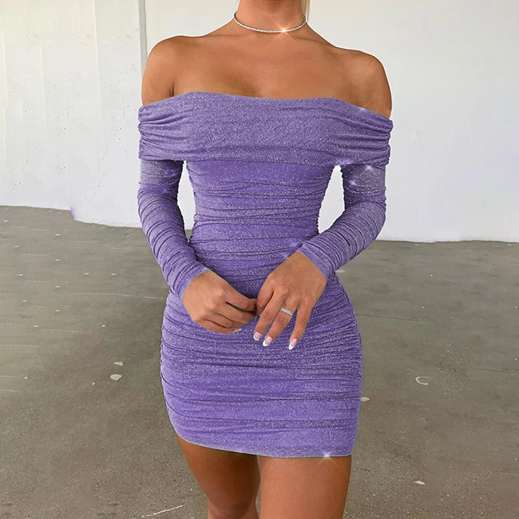 Fitted Draped Off The Shoulder Long Sleeve Bodycon Short Dress Women Sexy
