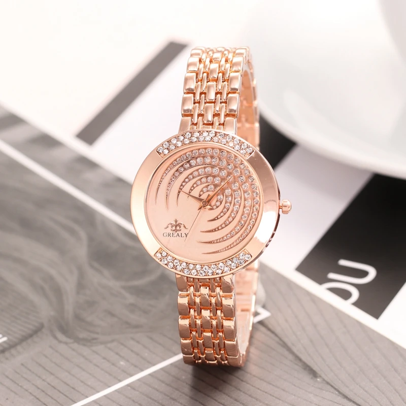 Grealy Brand 8015 Luxury Rhinestones Dial Stainless Steel Ladies