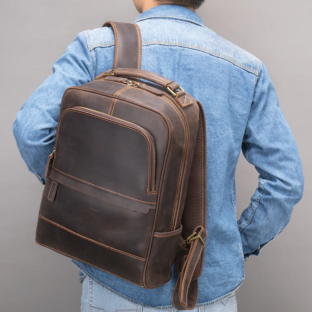 

Designer Men Crazy Horse Leather Vintage Laptop Backpacks Fashion Rucksack Leather Backpack Men Genuine Leather