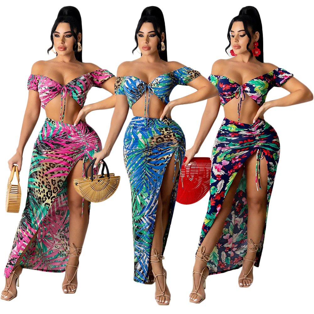 

Woman 2020 Sexy Summer Sets For Woman Bandage Fashion Top Long Skirt Set Drawstring 2 Piece Crop Top Women Skirt Set, Rose, green, blue