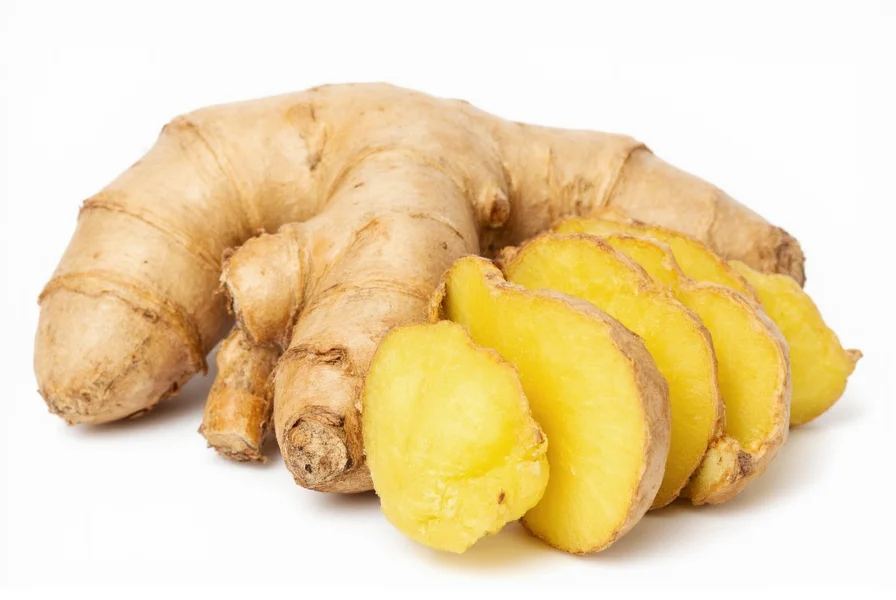 Fresh ginger root with peeled and unpeeled sections showing fibrous texture and golden interior