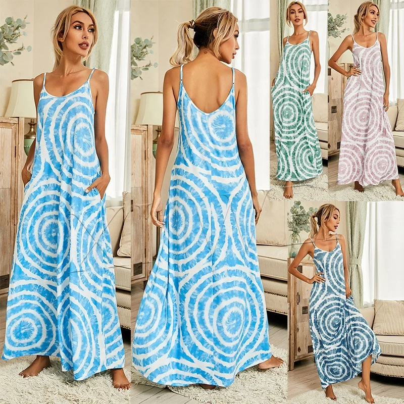 

2022 wholesale summer new round neck sleeveless open back tie dyed long skirt fashion sexy suspender boho chic long dress