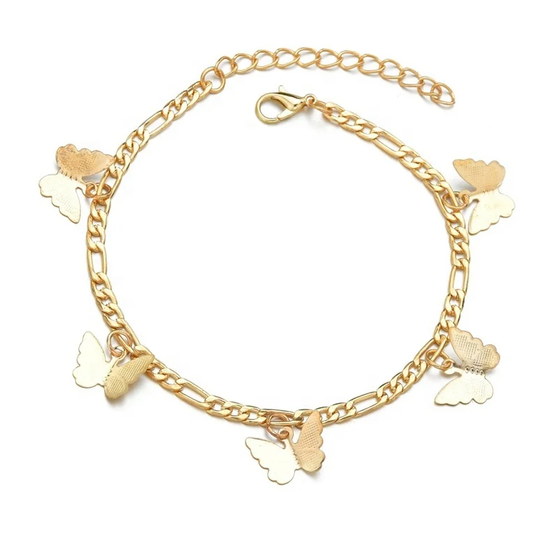 

Simple single layer gold figaro chain butterfly ankle bracelet, Gold color