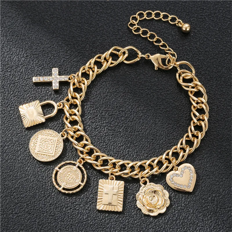 

Trendy hip hop style diamond encrusted geometric heart flower cross bracelet for women