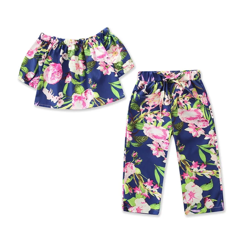 

2021 children wear flower printed sweet suit one line shoulder top flower trousers girls summer clothes for new style, As pic shows, we can according to your request also