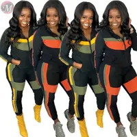 

9111222 best price contrast color splicing zipper hooded sports 2019 Pant Clothing Women Two Piece Set