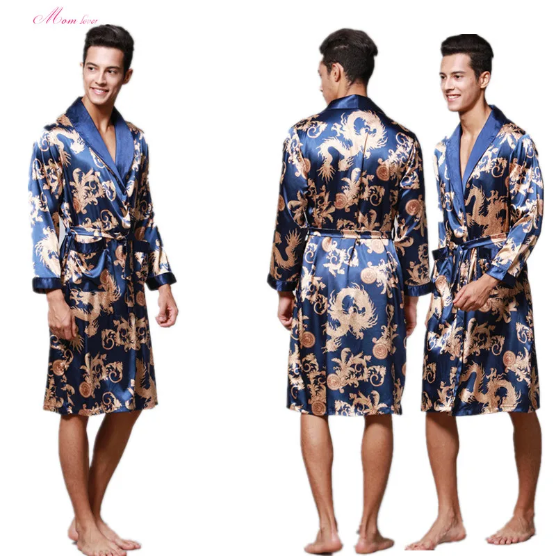 

Men Silk Robes Long sleeve Mens Sleepwear Printed Men Bathrobe, Shown