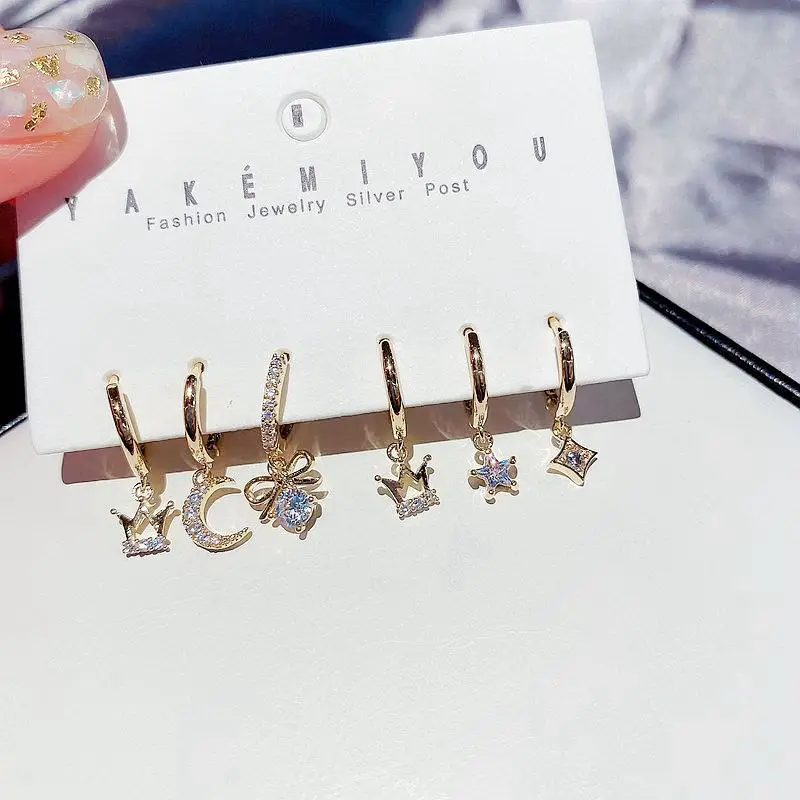 

20100718 High quality crystal 6 pieces crown drop earrings set gold plated crystal Luxury jewelry set for women