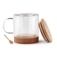 

New Arrival Double Wall Glass Mug with wood lid,Bamboo Fiber Coffee Cup with Natural Cork Products&bamboo lid, Cups with Handle