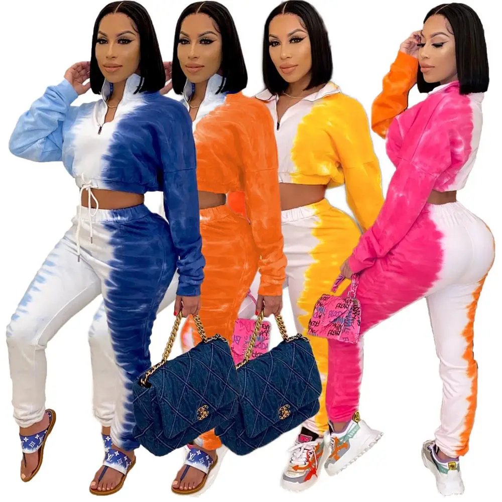 

Womens Two Piece Pants Set Fall Long Sleeve Crop Top Long Pants Tie Dye Tracksuit