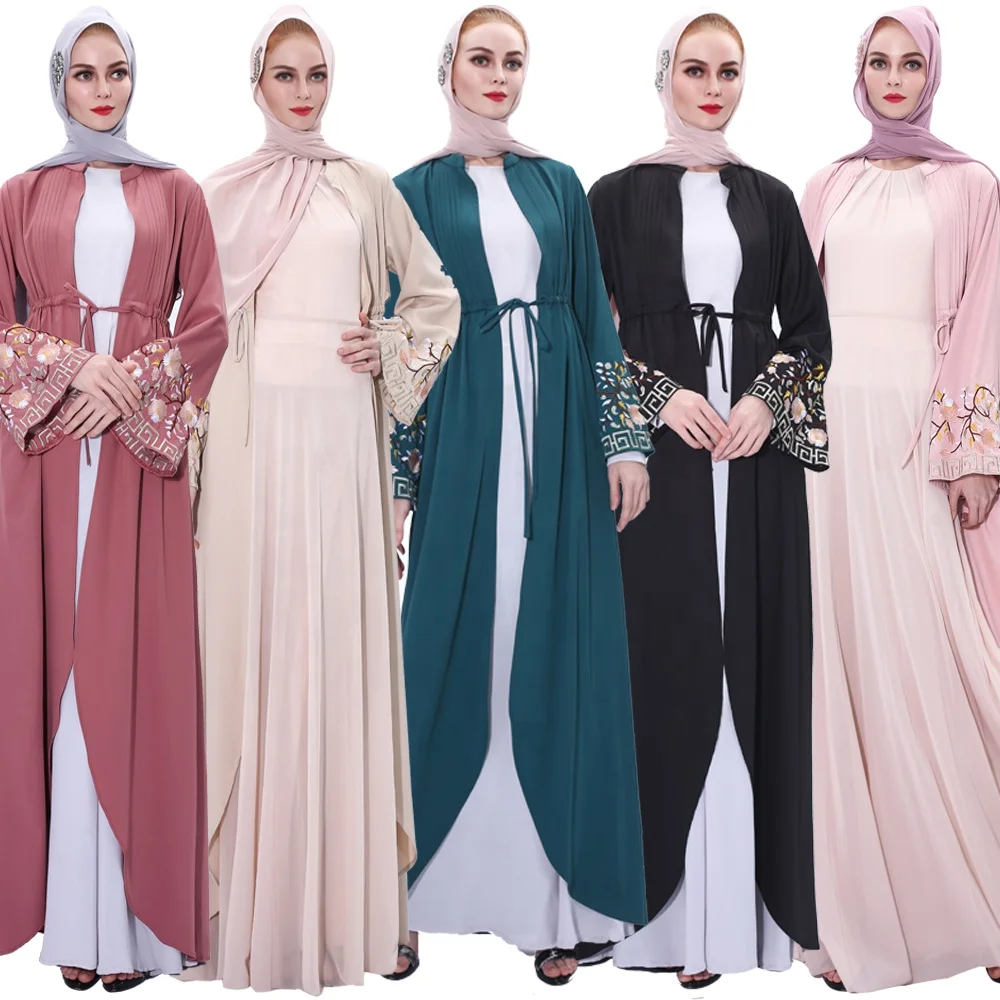 

New fashion kimono embroidery long sleeve open abaya high quality polyester islamic clothing, Pink,black,beige,dark green ,brick red